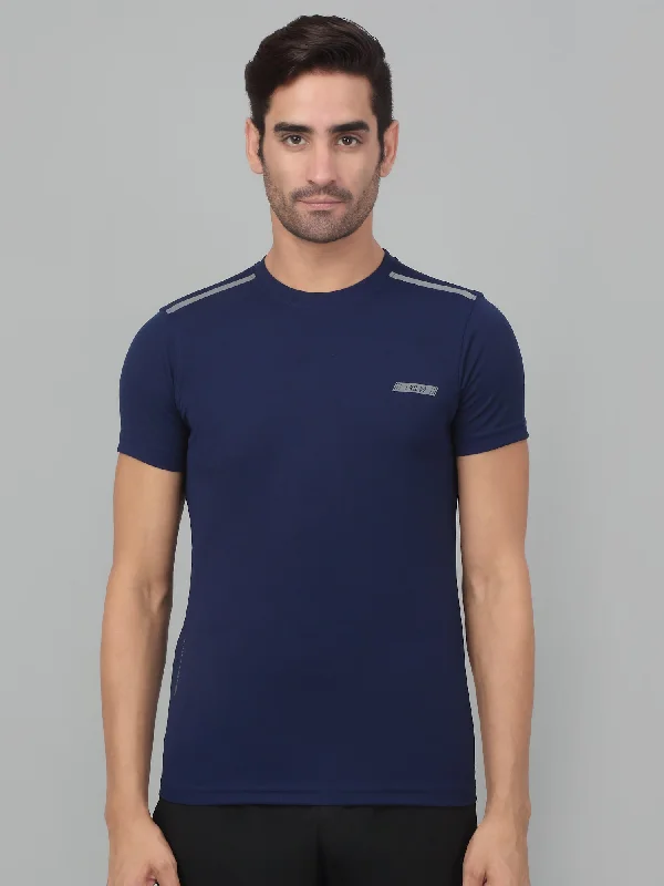 Men's Navy Blue Round neck Half Sleeve T-Shirt with reflective prints Business