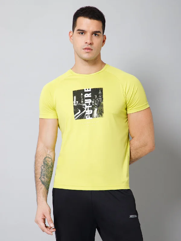 Regular Fit Printed Round Neck Half Sleeve Yellow Active Wear T-Shirt for Men Dynamic Men's Glow