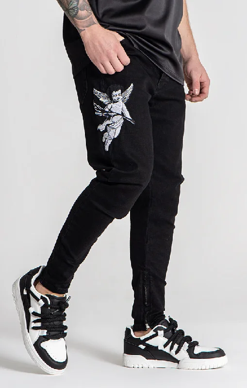 Black Angel Patch Jeans Streetwear Style