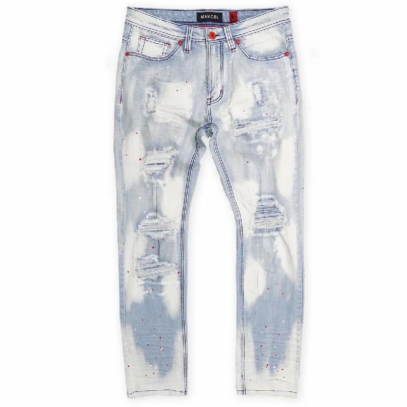 M1725 Shredded Denim Jeans with Paint Splashes - Light Wash Youthful Men's Pop