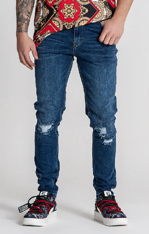 Dark Blue Core Ripped Slim Fit Jeans Laid