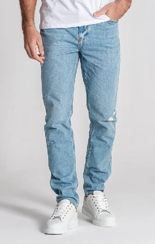 Light Blue Ripped Straight-Leg Jeans Practical Men's Multi
