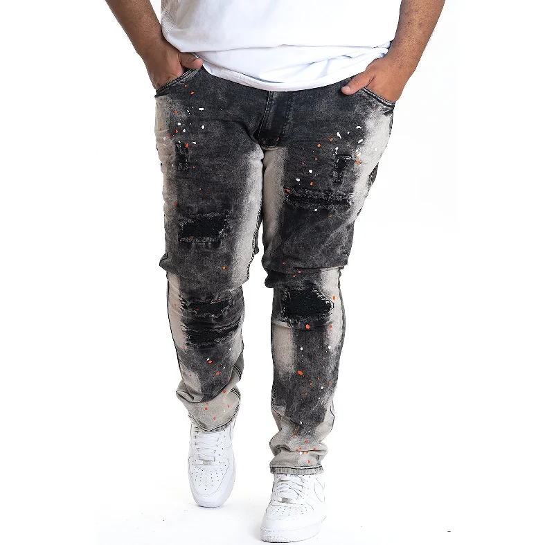 M1725 Shredded Denim Jeans with Paint Splashes - Black Artistic Men's Avant