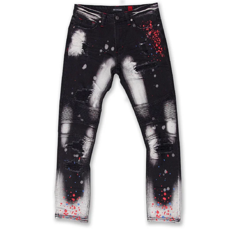 M1783 Makobi Cape Biker Jeans with Paint Splash - Black Wash Casual Men's Japanese 