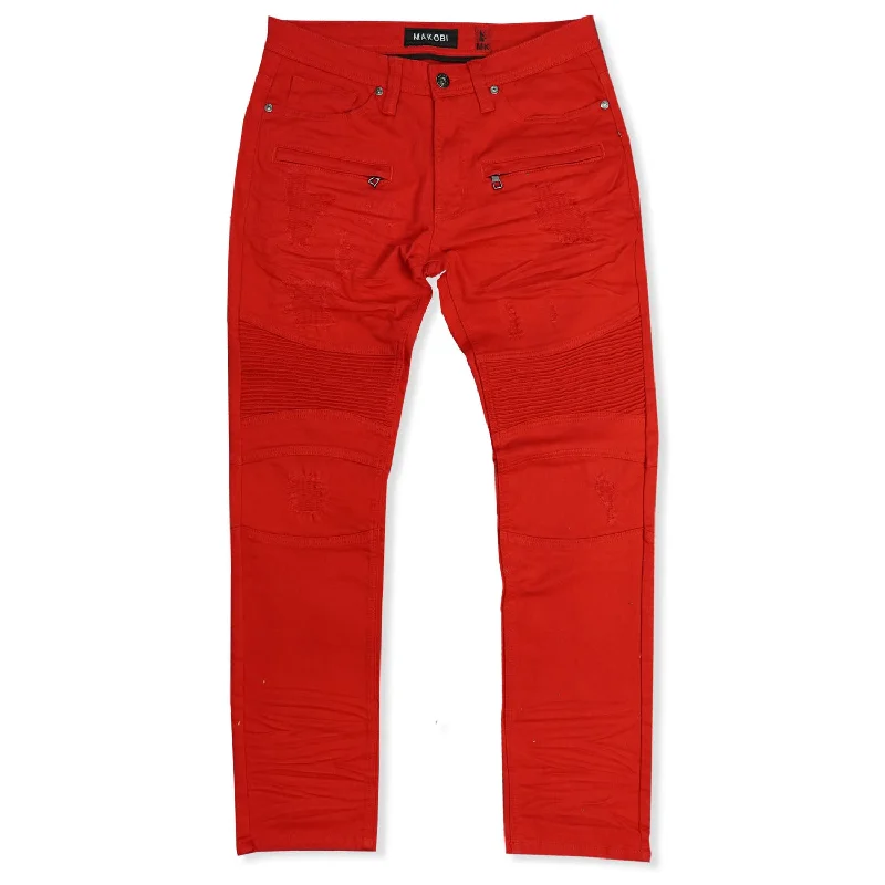 M1786 Makobi Prado Biker Jeans with Rip & Repair - Red Rugged Men's Outdoor 