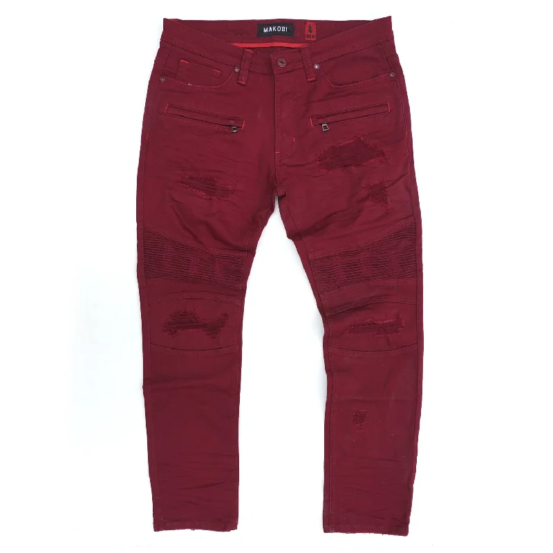 M1926 - Makobi Core Denim Biker Jeans - Burgundy Sleek Men's Metallic