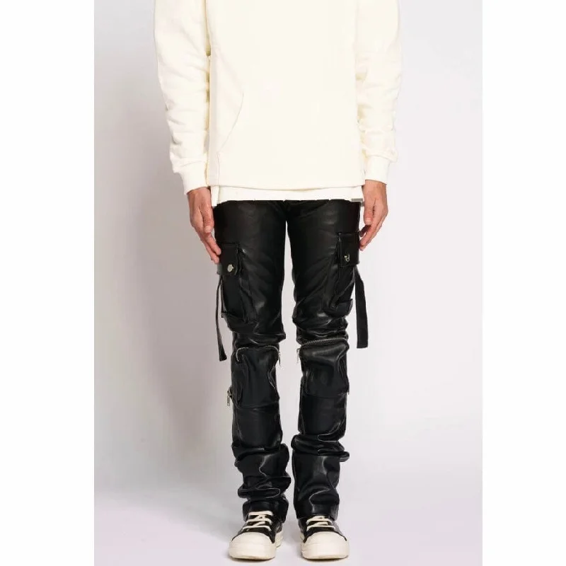 Pheelings Never Look Back Cargo Flare Stack Leather Pants (Black) Edgy Men's Punk